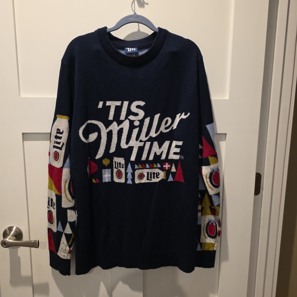 Miller Lite Sweater Mens Blue Tis Miller Time Ugly Holiday Christmas Party XXL